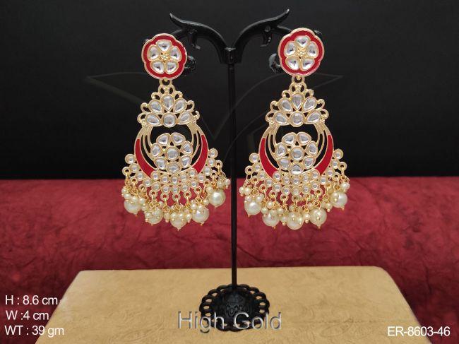 Beautiful Designer High Gold Polish Clustered Pearl Fancy Chand Bali Style Long Earrings — ER-8603-46