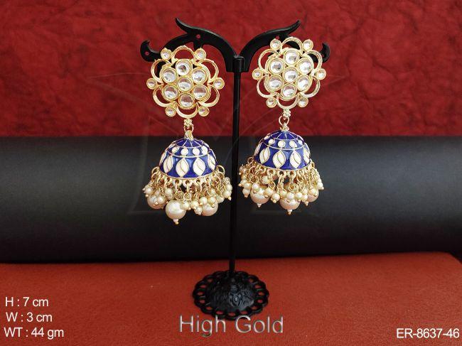 beautiful design kundan white stones high gold polish party wear fancy style party wear jhumka earring