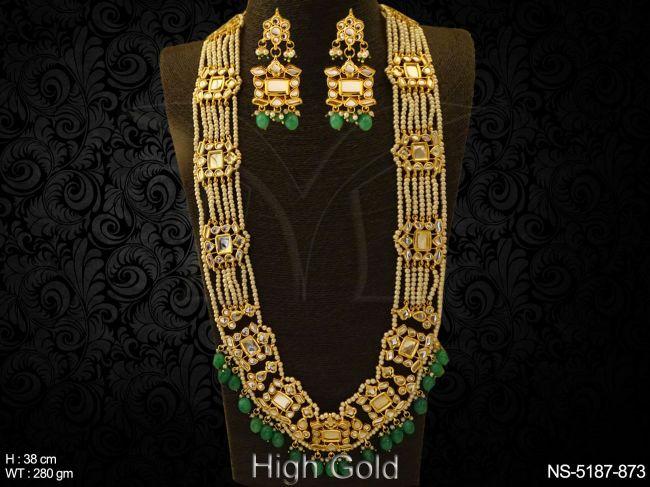multi moti layered designer kundan necklace detail