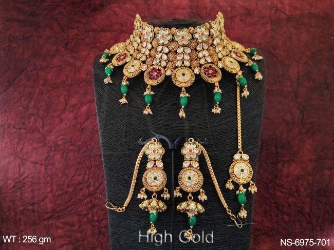 High Gold Polish Beautiful Fancy Design Kundan Necklace Set 