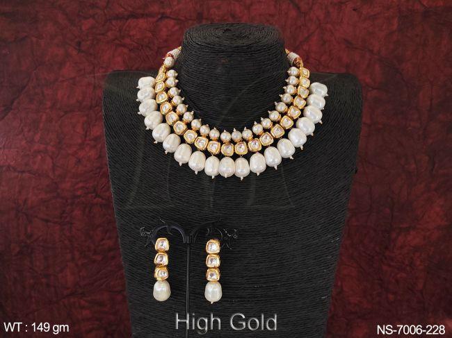 BEAUTIFUL CLUSTERED PEARL KUNDAN HEAVY THREE LINE MOTI CHOKER STYLE KUNDAN NECKLACE SET