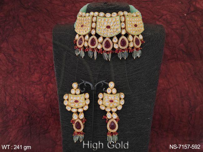 beautiful high gold polish designer choker style full stone kundan necklace set