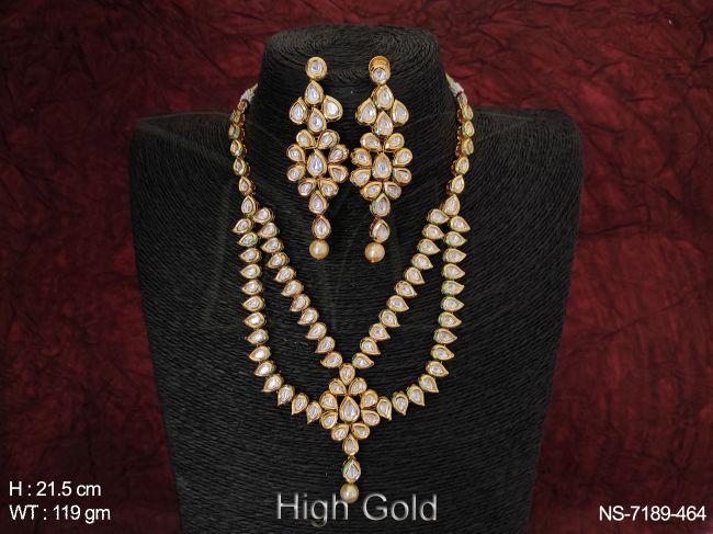 Beautiful Fancy designer Kundan full White Stones High gold Polish  Stylish Long Necklace set