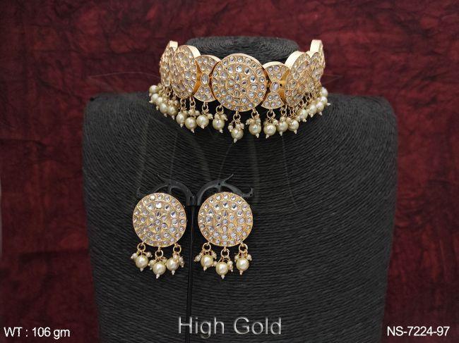 beautiful full white stones high gold polish designer choker style party wear  kundan necklace set