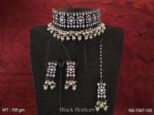 beautiful designer full white stones clustered pearl black  rodium polish party wear choker necklace set