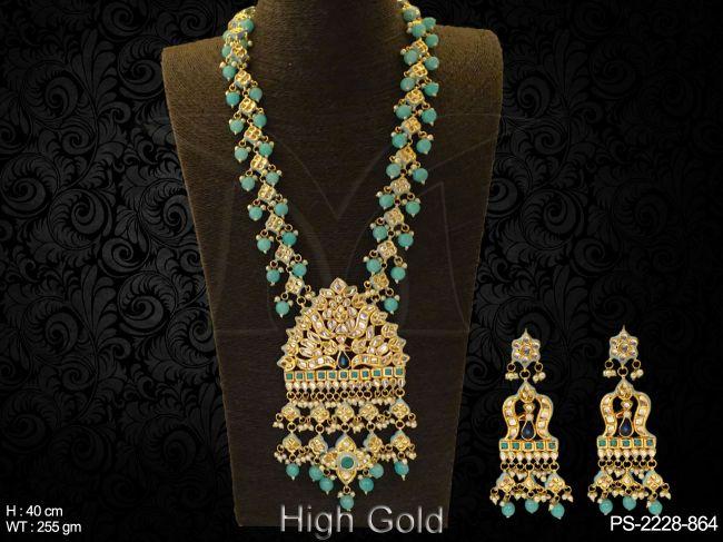Long Beaded Stone Designer Kundan Pendant Set