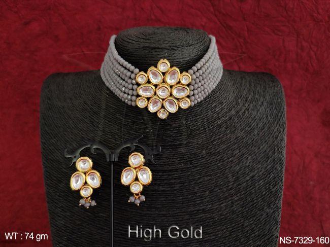 beautiful full white kundan stones ethnic beaded 7 layer high gold polish fancy designer choker necklace set