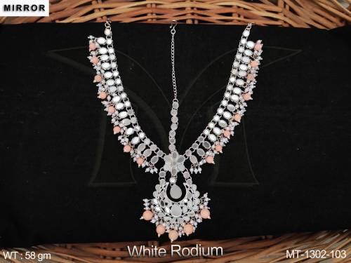 clustered-pearl-white-rodium-polish-fancy-design-party-wear-mirror-maang-tikka-