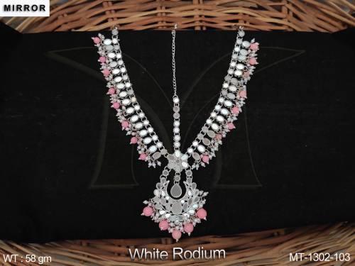 Clustered Pearl White Rodium Polish Fancy Design Party wear Mirror Maang Tikka     