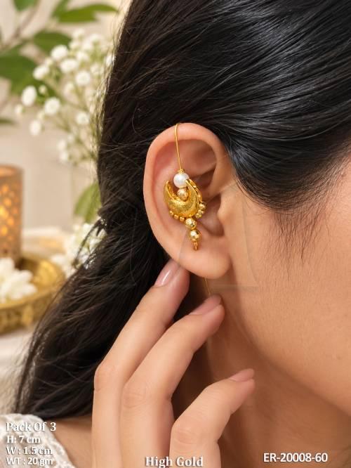 Designer Gold Crescent Pearl Long Dangle Earrings
