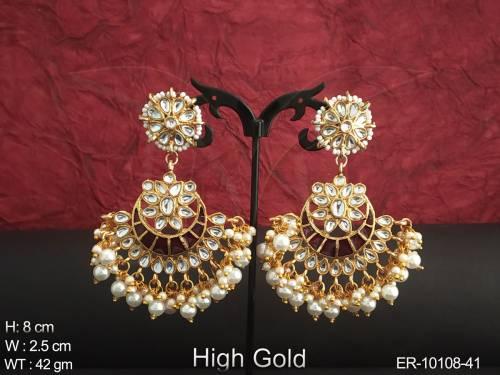 High Gold Polish Full Stone Party Wear Cluster Pear Chand Bali Long Dangler Earring 