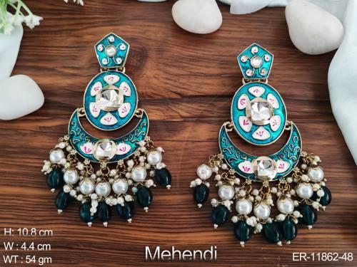 designer-fancy-style-meenakari-desing-clustered-pearl-mehendi-polish-long-dangler-earring