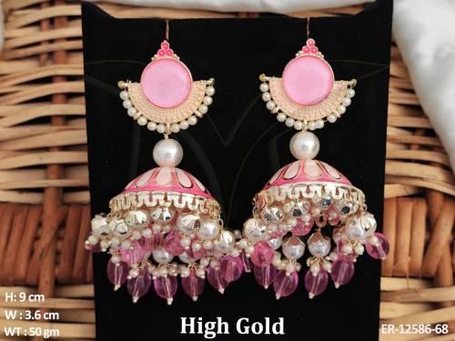 High Gold Polish fancy Desing Party wear Meenakari Design Jhumka Earring