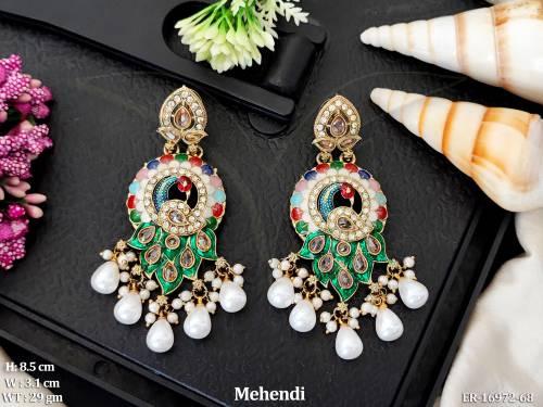 Designer Mehendi Polish Full Stone Clustered Pearl  Party Wear Earrings  