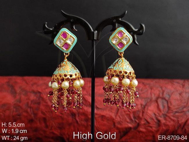 Beautiful Meenakari Design High Gold Polish full white stones Clustered Pearl Fancy Party wear Long Jhumka Earring