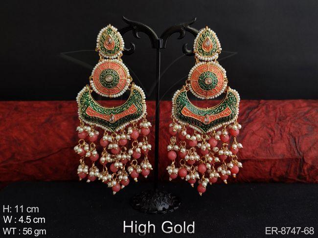 Meenakari Beautiful Fancy Stylish High Gold  Polish Clustered Pearl tassels Designer Party wear Long Fashion Earring