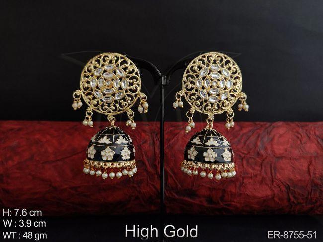 Beautiful Full Stones Clustered Pearl tassels Meenakari High Gold Polish Fancy Style Party wear Long Jhumka Earring