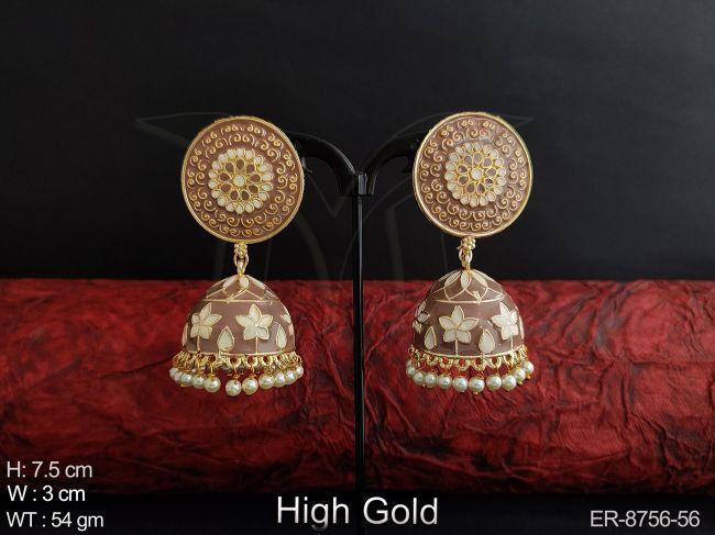Designer Clustered Pearl High Gold Polish beautiful Meenakari Design Party wear Fancy Style Long Jhumka Earring