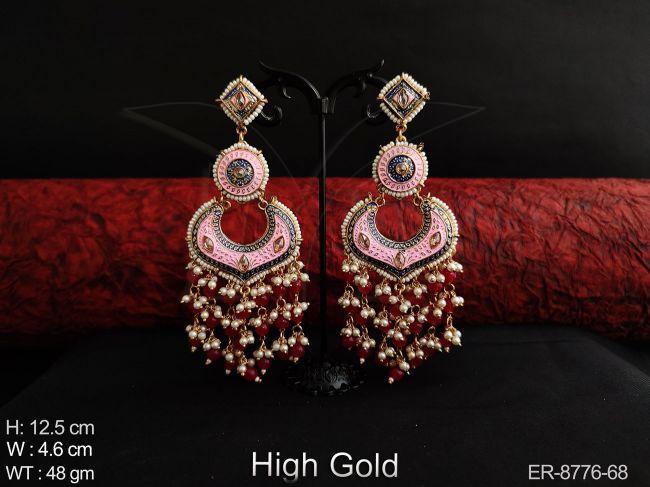 Beautiful Meenakari Designer High Gold Polish Fancy Style clustered Pearl Tassels Party wear Fashion Party wear Long Earring