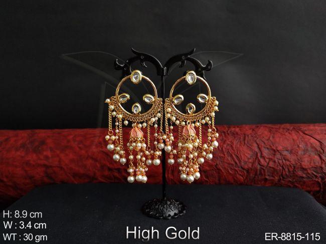 Beautiful full stones High Gold Polish Clustered Pearl Tassels Designer Party wear Long Earring