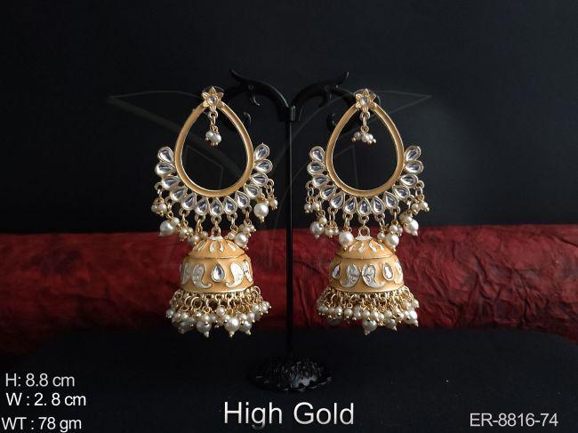 Beautiful Meenakari Design full white stones Clustered Pearl Tassels High Gold Polish Party wear Fancy Jhumka Earring