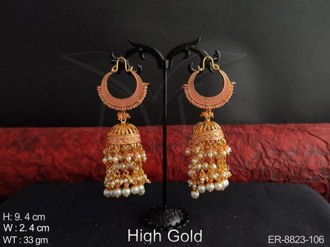 Beautiful Meenkari Design Clustered Pearl Tassels High Gold Polish Party wear Fancy Style Long Jhumka Earring