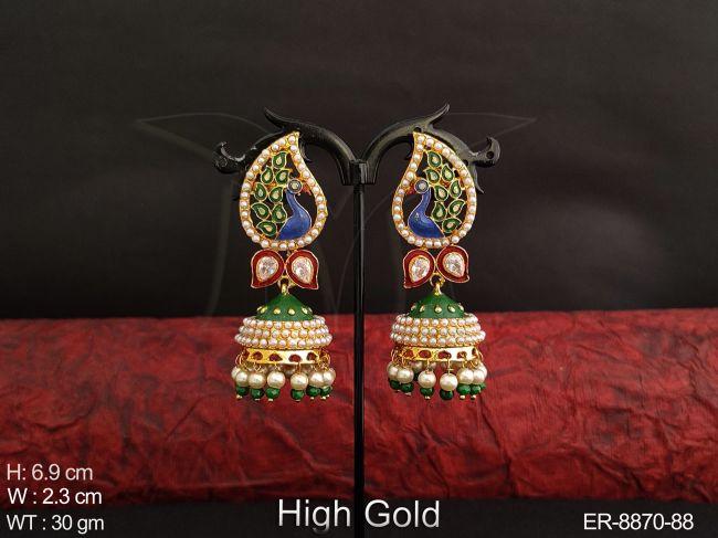 Beautiful Peacock Design Meenakari Designer Clustered Pearl High Gold Polish Party wear Fancy Style Jhumka Earring