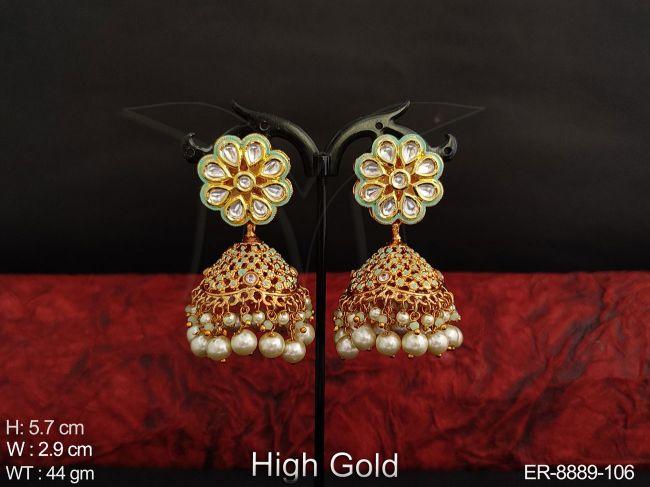 Beautiful Meenakari full white Stones Clustered Pearl High Gold Polish Designer Party wear Earring