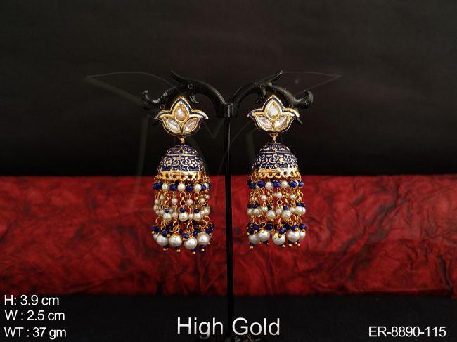 Beautiful Meenakari Design Clustered Pearl Tassels High Gold Polish Fancy Party wear Jhumka Earring