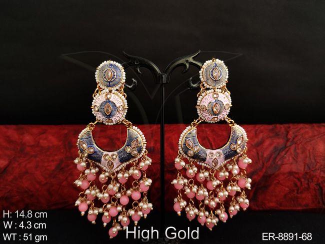 Beautiful Fancy Style Meenakari Design High gold Polish Clustered Pearl Tassels Designer Long Earring