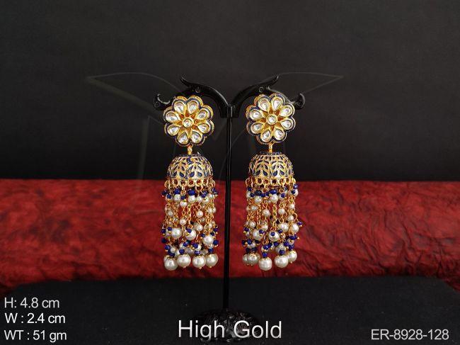 Beautiful Meenakari Design Clustered Pearl Tassels High Gold Polish Party wear Fancy Long Jhumka Earring