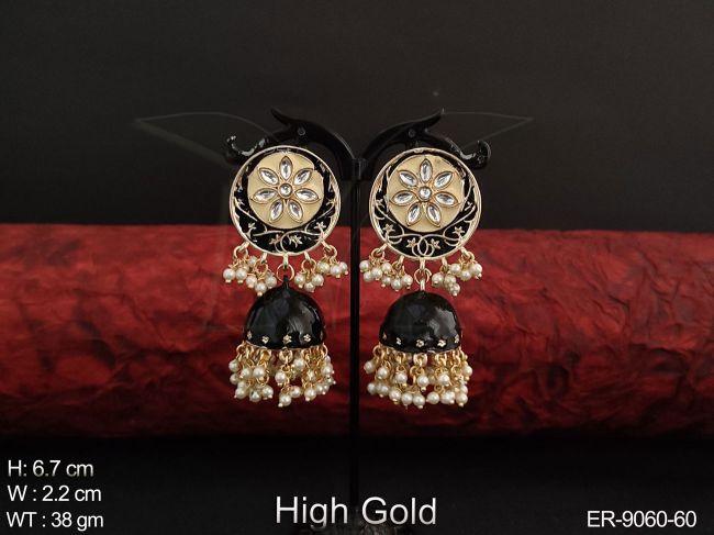 High gold Polish Meenakari Design Beautiful Party wear Jhumka Earring