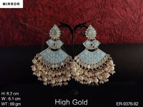 Designer Clustered Pearl High Gold Polish Meenakari Design Party wear Long Mirror Earring