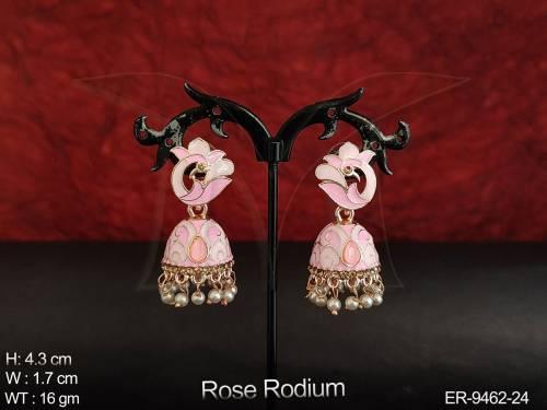 Rose Rodium Polish Designer Meenakari Design Party wear Earring  