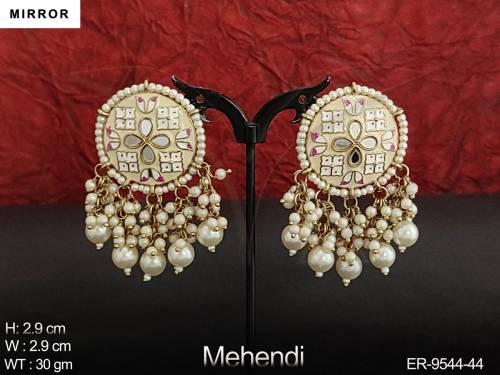 Meenajari Design Clustered Pearl Designer Party wear Mirror Earring 