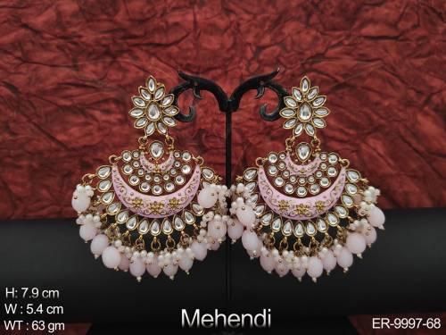 Mehendi Polish Clustered Pearl Designer Meenakari Design Long Earring