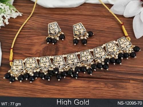 Designer Clustered Pearl High Gold Polsih Fancy Style Meenakari Design Choker Necklace Set   