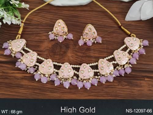 Clustered Pearl Meenakari Design High Gold Polish Beautiful Party wear Choker Necklace Set  