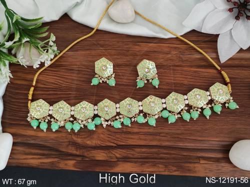 Desinger High Gold Polish Fancy Desing Meenakari Design Party wear Choker Necklace Set