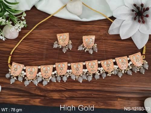 Clustered Pearl High Gold Polsih Fancy Style Meenakari Desing  Choker Style Necklace Set