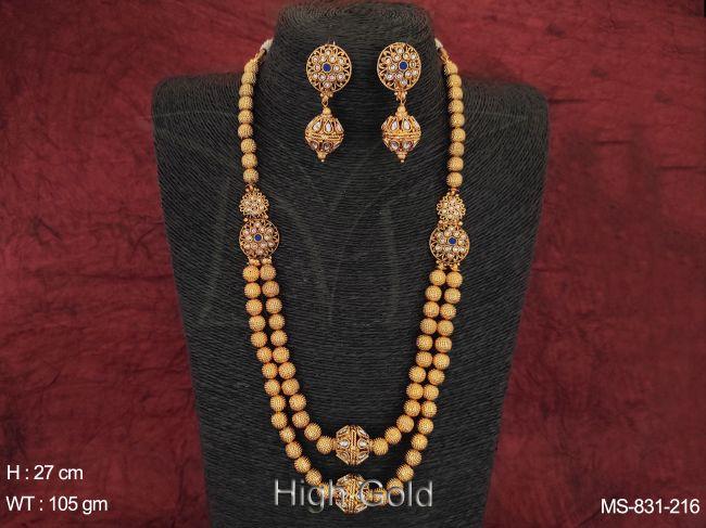 Beautiful Ball Chain Antique Ethnic Beaded High Gold Designer Fancy White Stones Long Mala Necklace Set — MS-831-216