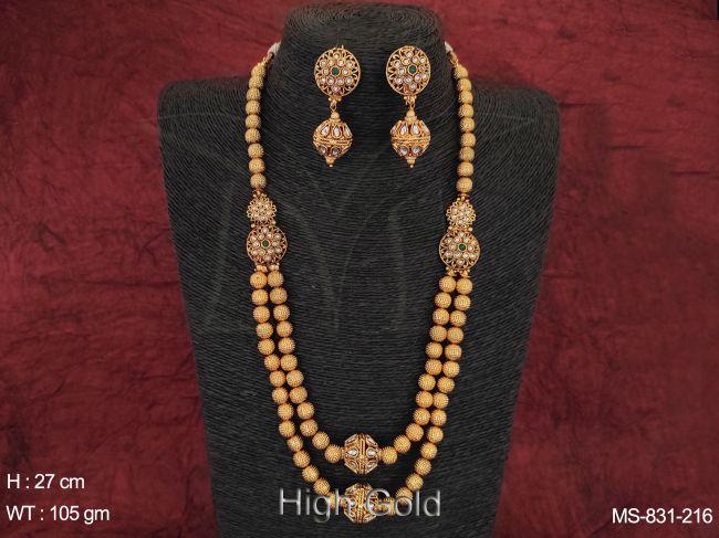 Beautiful Ball Chain Antique Ethnic Beaded High Gold Designer Fancy White Stones Long Mala Necklace Set