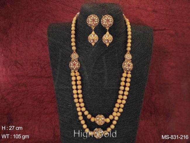 Beautiful Ball Chain Antique Ethnic Beaded High Gold Designer Fancy White Stones Long Mala Necklace Set — MS-831-216