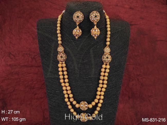 Beautiful Ball Chain Antique Ethnic Beaded High Gold Designer Fancy White Stones Long Mala Necklace Set — MS-831-216