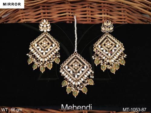 Mehendi Polish Designer Mirror Design Party wear Fancy Maang Tikka with Earring Set