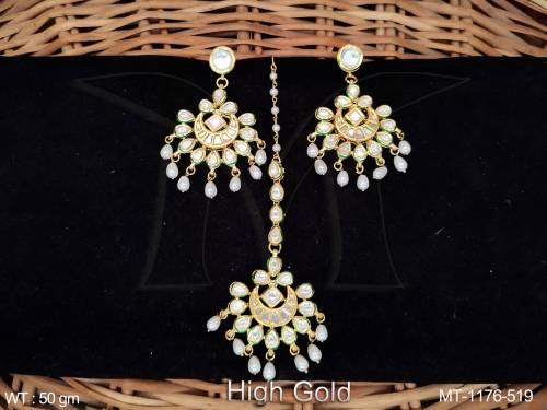 High Gold Polish Fancy Design Party wear Maang Tikka with Earring — MT-1176-519