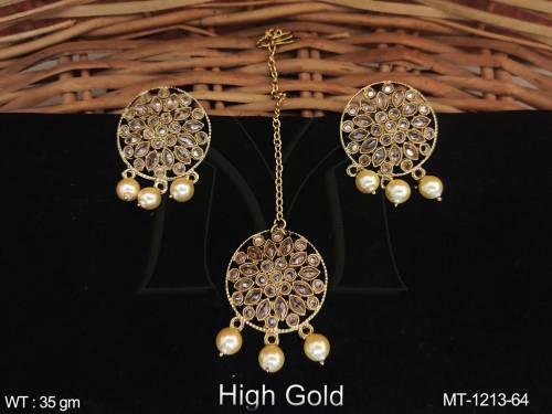 High Gold Polish Clustered Pearl Designer Antique Maang Tikka with Earring — MT-1213-64