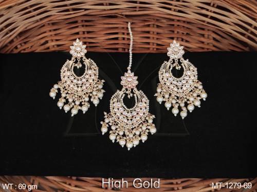 Antique Jewelry High Gold Polish Fancy Design Wedding Wear Beautiful Antique Maang Tikka with Earrings  — MT-1279-69