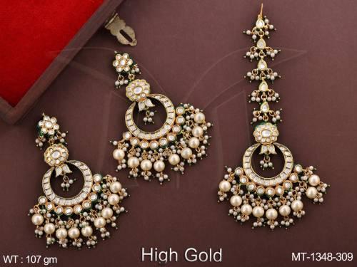 kundan-stones-high-gold-polish-fancy-style-party-wear-beautiful-clustered-pearl-long-dangler-kundan-maang-tikka-with-earring