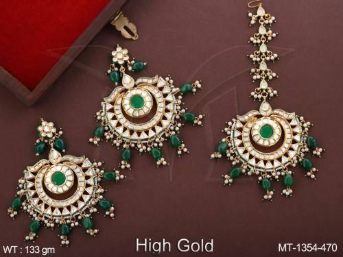 Fancy Style Clustered Pearl High Gold Polish Designer Beautiful Kundan Stones Kundan Maang Tikka with Earring     — MT-1354-470